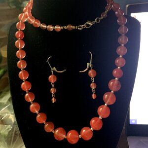 Rose Quartz Imitation Glass Necklace & Earrings Set
